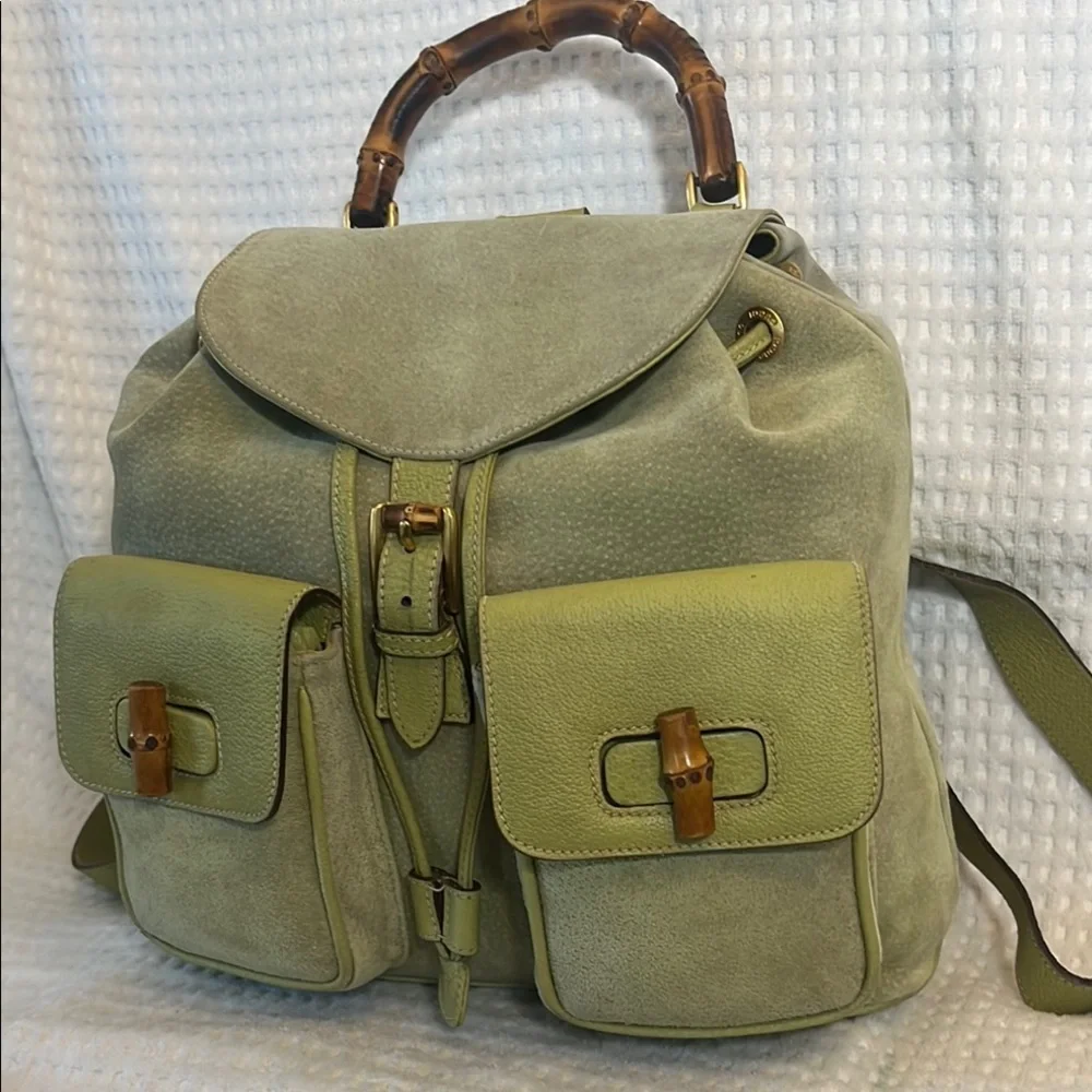 Gucci Bamboo Green Leather/Suede Backpack - Picture 2 of 16